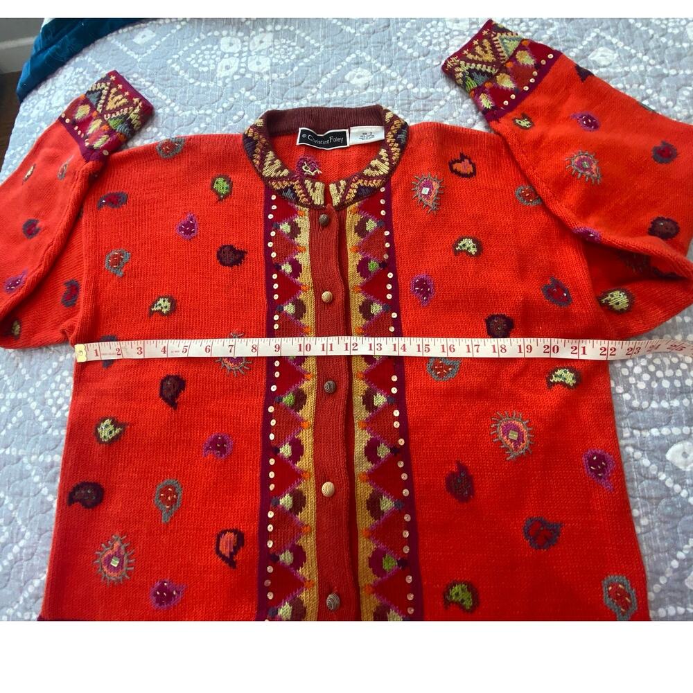 Vintage Christine Foley Sweater Women's Cardigan Bold Red Embellished Size 2(M) - Picture 9 of 10